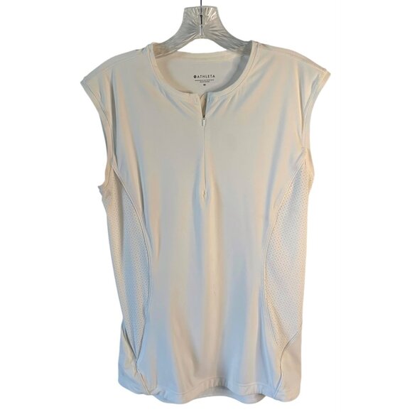 •SOLD•ATHLETA Bright White Cap Sleeve Perforated Pacifica II Zip-Neck Tank Top M - Picture 3 of 9
